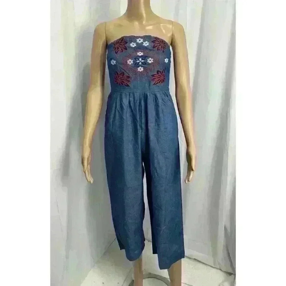 NWT Parc & Lex Strapless Chambray Denim Jumpsuit Women XS Blue Floral Boho 60$‎